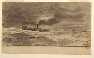Teckning, Havslandskap med fisketrålare, Cullercoats, England, 1881-82 av Winslow Homer