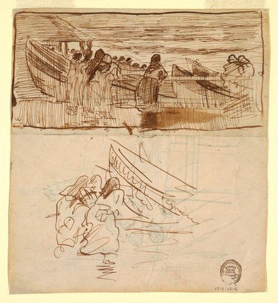 Teckning, Två studier av kvinnor som tittar på sjösättningen av dories, Cullercoats, England, 1881 av Winslow Homer