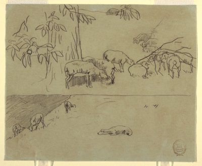 Teckning, Två vyer av får som betar på en åker, troligen 1875-78 av Winslow Homer