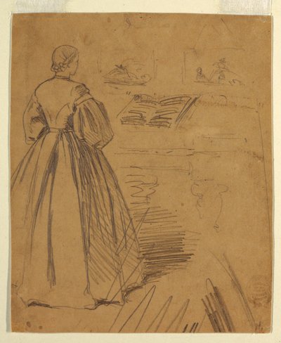Teckning, kvinna stående framför ett piano, 1862 av Winslow Homer