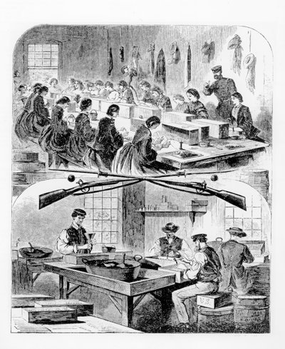 Fyllning av patroner vid arsenalen i Watertown, Massachusetts, 1860-talet av Winslow Homer