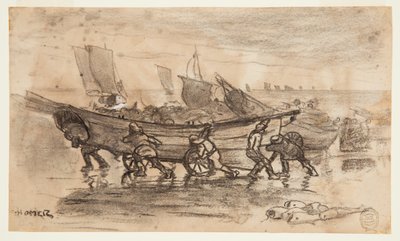 Fiskare som strandar en Dory, Cullercoats, England av Winslow Homer