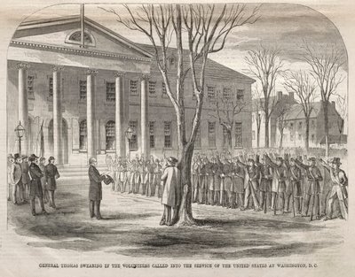 General Thomas svär in de frivilliga som kallats in i USA:s tjänst i Washington, D.C. av Winslow Homer