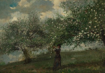 Flicka som plockar äppelblommor, 1879. av Winslow Homer