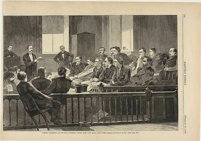 Jurymedlemmar lyssnar på advokater, Högsta domstolen, New City Hall, New York av Winslow Homer