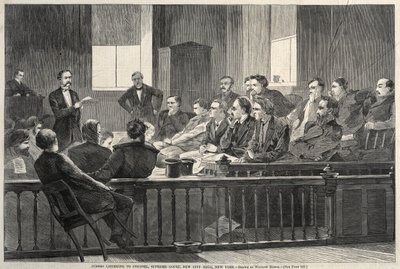 Jurymedlemmar lyssnar på rådgivare, Högsta domstolen, New City Hall, New York, 1869. av Winslow Homer