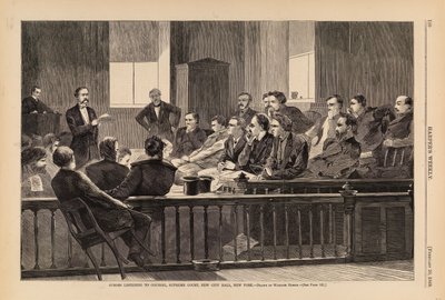 Jurymedlemmar lyssnar på advokaten, Högsta domstolen, New City Hall, New York, från Harper