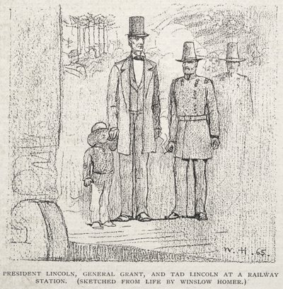 President Lincoln, general Grant och Tad Lincoln på en järnvägsstation av Winslow Homer