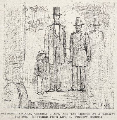 President Lincoln, General Grant och Tad Lincoln vid en järnvägsstation, 1887. av Winslow Homer