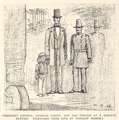 President Lincoln, general Grant och Tad Lincoln på en järnvägsstation, från The Century Magazine, november 1887 av Winslow Homer