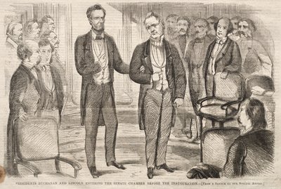 Presidenterna Buchanan och Lincoln går in i senatens kammare före invigningen av Winslow Homer
