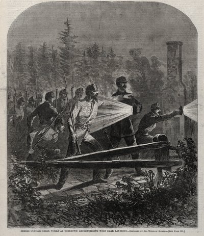 Rebellerna utanför sina befästningar vid Yorktown på rekognosering med mörka lyktor av Winslow Homer