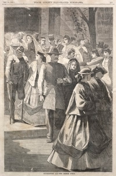Thanksgiving Day - Kyrkans veranda, 1865. av Winslow Homer