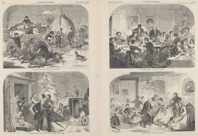 Thanksgiving Day - Ways and Means [övre till vänster], publicerad 1858. av Winslow Homer