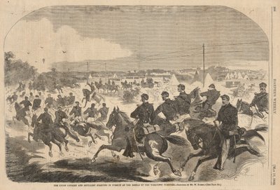 Unionskavalleriet och artilleriet börjar i jakten på rebellerna uppför Yorktown Turnpike, från Harper av Winslow Homer
