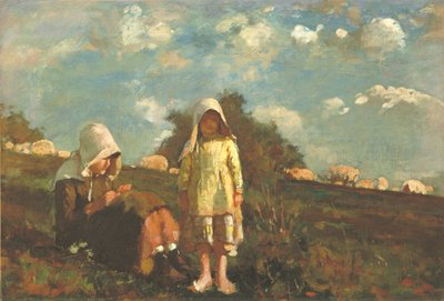 Två flickor med solhattar på ett fält av Winslow Homer