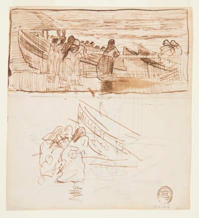 Två studier av kvinnor som står bakom räcke, tittar på lanseringen av dories, Cullercoats, England av Winslow Homer