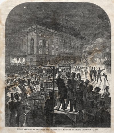 Fackligt möte i det fria utanför Musikaliska akademien av Winslow Homer