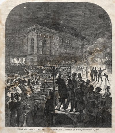 Fackligt möte i det fria utanför Musikhögskolan, 1859. av Winslow Homer