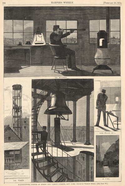 Watch-Tower, Corner of Spring och Varick Streets, New York, från Harper av Winslow Homer