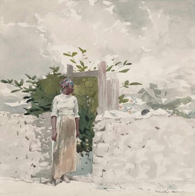 Kvinna står vid en grind, Bahamas av Winslow Homer