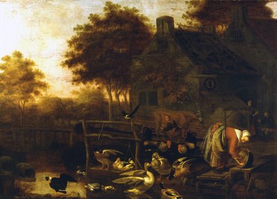 Country Scene in Holland (gård med massor av djur och en bonde som mjölkar en ko) av Wintrack the Young av Wintrack the Younger