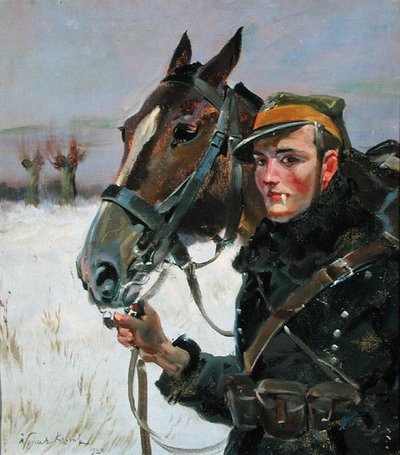 Soldat med en häst av Wojciech Kossak