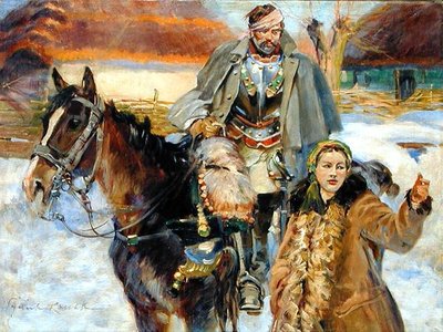 Wounded Cuirassier with a Girl, ca 1930 (olja på duk) av Wojciech Kossak