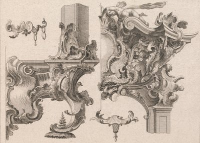 Förslag till dekoration av nedre högra och övre högra delen av en altarram..., tryckt ca. 1750-56. av Wolffgang Christoph Mayr