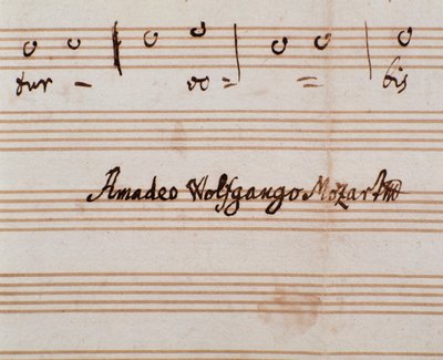 Detalj av kompositörens signatur på notsidan av Querite primum regnum dei av Mozart för att erhålla titeln Accademico filarmonico (1770) av Wolfgang Amadeus Mozart