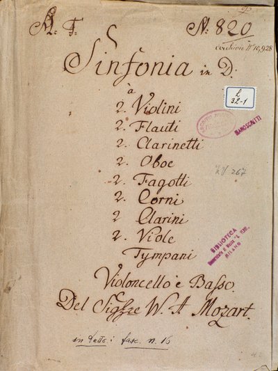 Första sidan av noter till Symfoni nr 4 i D, av Mozart av Wolfgang Amadeus Mozart