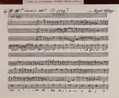 Notsida för Seek the first rike of God av Mozart för att få titeln Accademia filarmonico, version korrigerad av fader Martini (1770) av Wolfgang Amadeus Mozart