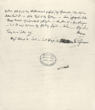 Wolfgang Amadeus Mozart (1756-1791) österrikisk kompositör. Handskrivet brev till hans fru Constanze. 31 juli 1791 av Wolfgang Amadeus Mozart