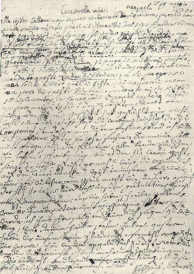 Wolfgang Amadeus Mozart (1756-1791) österrikisk kompositör. Handskrivet brev till sin syster Nannerl. Neapel 19 mars 1770 av Wolfgang Amadeus Mozart