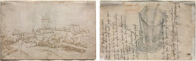 Vy över ett slott (recto); Åttasidig kopp (verso) av Wolfgang Huber