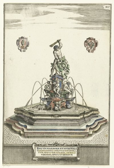 Sexkantig bassäng på höjd med trappsteg Fons ex marmore et avrichalc (...) (titel på objekt) Architectura Curiosa Nova (serietitel) av Wolfgang Kilian