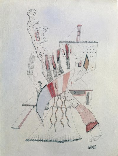 Figur lutar sig mot två bord av Wols