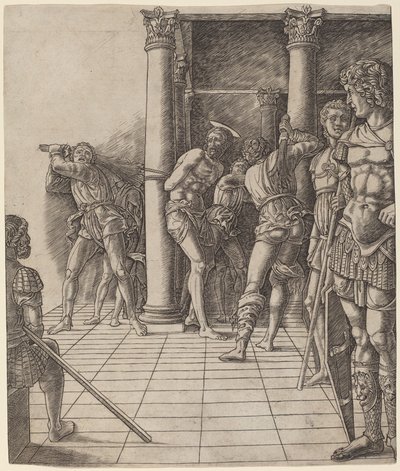 Kristi flagellation, med trottoaren av Workshop of Andrea Mantegna