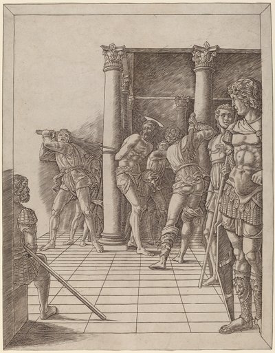 Kristi flagellation, med trottoaren av Workshop of Andrea Mantegna