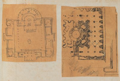 Sida från en klippbok som innehåller ritningar och flera utskrifter av arkitektur, Int..., ca. 1800-1850. Skapare: Workshop av Charles Percier, Workshop av Pierre François Léonard Fontaine. av Workshop of Charles Percier, Workshop of Pierre