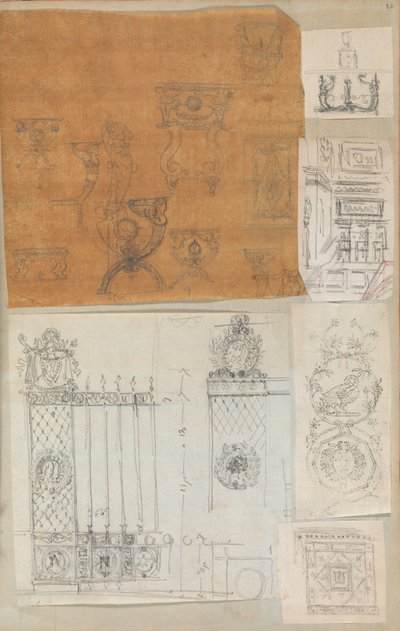 Sida från en klippbok som innehåller ritningar och flera utskrifter av arkitektur, Int..., ca. 1800-1850. Skapare: Workshop av Charles Percier, Workshop av Pierre François Léonard Fontaine. av Workshop of Charles Percier, Workshop of Pierre