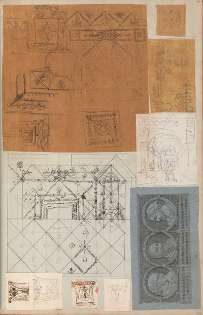 Sida från en klippbok som innehåller ritningar och flera utskrifter av arkitektur, Int..., ca. 1800-1850. Skapare: Workshop av Charles Percier, Workshop av Pierre François Léonard Fontaine. av Workshop of Charles Percier, Workshop of Pierre
