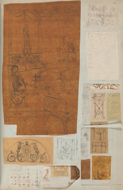 Sida från en klippbok som innehåller ritningar och flera utskrifter av arkitektur, Int..., ca. 1800-1850. Skapare: Workshop av Charles Percier, Workshop av Pierre François Léonard Fontaine. av Workshop of Charles Percier, Workshop of Pierre