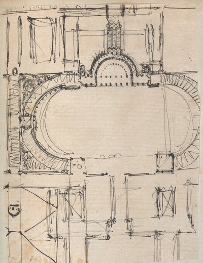 Sida från en klippbok som innehåller ritningar och flera utskrifter av arkitektur, Int..., ca. 1800-1850. Skapare: Workshop av Charles Percier, Workshop av Pierre François Léonard Fontaine. av Workshop of Charles Percier, Workshop of Pierre