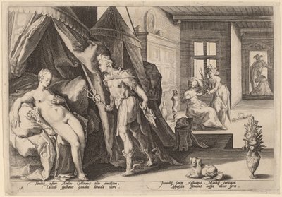 Merkurius går in i Herses rum efter att ha ändrat Agraulos till sten av Workshop of Hendrick Goltizus, after Hendrick Goltzius
