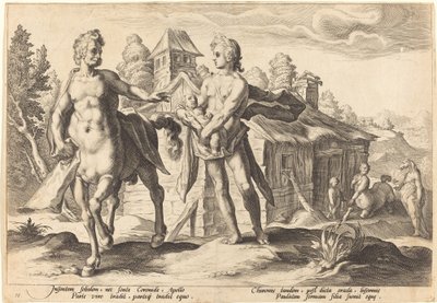 Apollo anförtror Chiron utbildningen av Asclepius av Workshop of Hendrick Goltzius, after Hendrick Goltzius