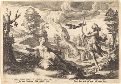 Apollo Killing Coronis av Workshop of Hendrick Goltzius, after Hendrick Goltzius