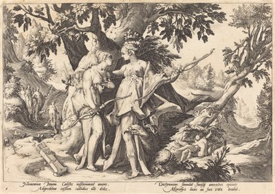 Jupiter i Dianas förklädnad förför Callisto av Workshop of Hendrick Goltzius, after Hendrick Goltzius