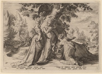Cecrops döttrar öppnar kistan som anförtrotts dem av Minerva av Workshop of Hendrick Goltzius, after Hendrick Goltzius