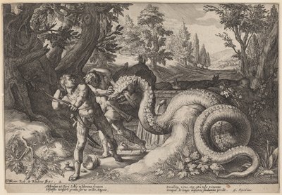 Draken som slukar Cadmus följeslagare av Workshop of Hendrick Goltzius, after Hendrick Goltzius